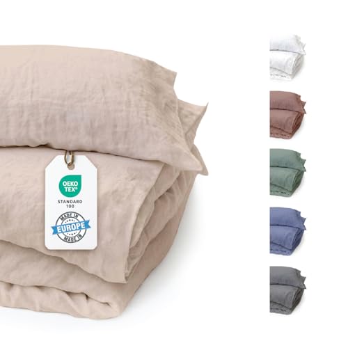 BLUE MOON Ropa de cama de lino de 140 x 200 cm, certificado Öko-Tex, 2 piezas: 1 funda nórdica y 1 funda de almohada, 100% lino, lujo y calidad