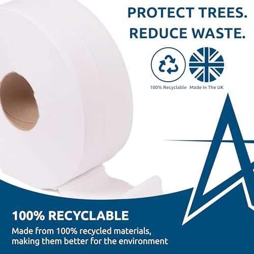 Andarta - 2Ply Mini Jumbo White Toilet Rolls with 62mm Core - Pack of 12 High Capacity Toilet Roll - 150m Per Roll - Made from Recycled Materials - Suitable for All Jumbo Dispenser Andarta - 2Ply Mini Jumbo White Toilet Rolls with 62mm Core - Pack of 12 High Capacity Toilet Roll - 150m Per Roll - Made from Recycled Materials - Suitable for All Jumbo Dispenser