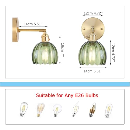 Image of Vintage Wall Sconces with Gold Finish, Adjustable Arm, Ribbed Glass Shadewall Light fixtures Wall Lights for Bedroom, Living Room, Hallway, or Bathroom (Green)