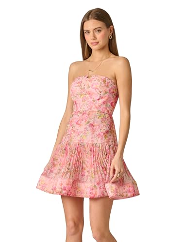 Image of Adrianna Papell Women's Strapless Organza Mini Dress - Short Drop Waist Dress with Dainty Florals & Pleated Flounce Skirt