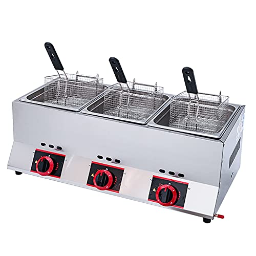 Dyqyym Freidora de gas, Freidora de Gas LPG Multifuncional, Acero Inoxidable, Freidora de 33 litros con 3 Tanques, Gran Capacidad, Potencia de Fuego Ajustable para Uso Hogar y Comercio (LPG)