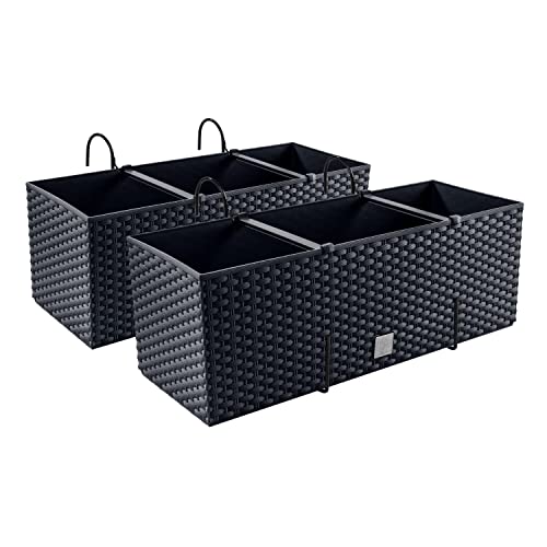 PAFEN 2X Blumenkasten Blumentopf Rattan-Optik mit Halterungen Pflanztopf Balkonkasten Pflanzkästen, Anthrazit
