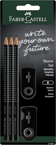 Faber-Castell 217086 Pencil Set Sleeve, with Sharpener, Eraser and 3 Pencils, Writing Set Grip 2001 Black