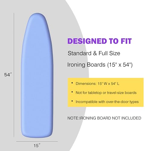 Image of Ironing Board Cover and Pad 15x54 Standard Size, Extra Thick Cotton Iron Board Cover with Padding, Silicone Coated and Scorch Resistant, Elastic Edge with Hook & Loop Strap, Heatproof Blue