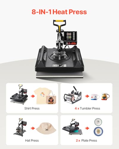 Image of VEVOR 8 in 1 Heat Press Machine 15x15 Inch, 360 Swing Away Tshirt Press, Digital Professional Sublimation Heat Transfer for T Shirts Hat Cap Mug Plate