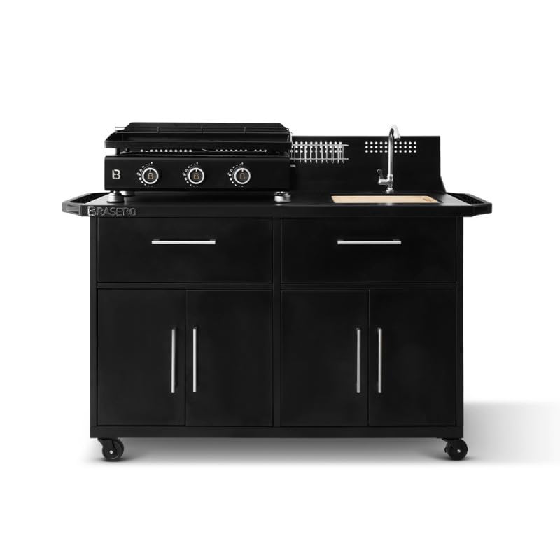 BRASERO by FAVEX – Station Pro Cuisine d'extérieur pour plancha 2 à 3 Feux – Évier INOX intégré – Planche à découper – 155 x 55 x 113 cm