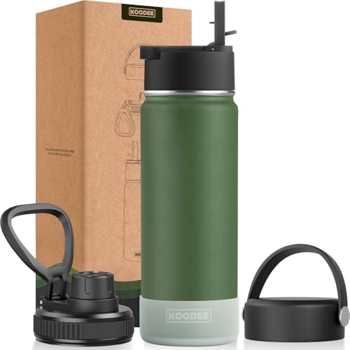 koodee 22 oz Water Bottle with Straw-Double Wall Vacuum Insulated Stainless Steel Sports Water Bottle with 3 Lids-BPA Free(Grass Green)