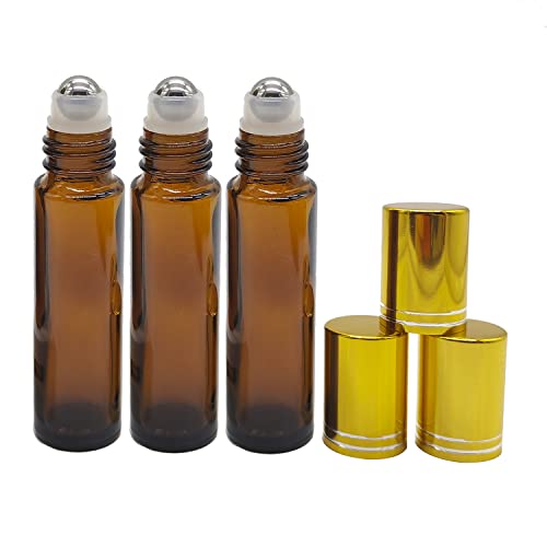 24 Pack Essential Oil Roller Bottles, 10ml Amber Glass Roll-on Bottles with Stainless Steel Roller Balls and Gold Cap3