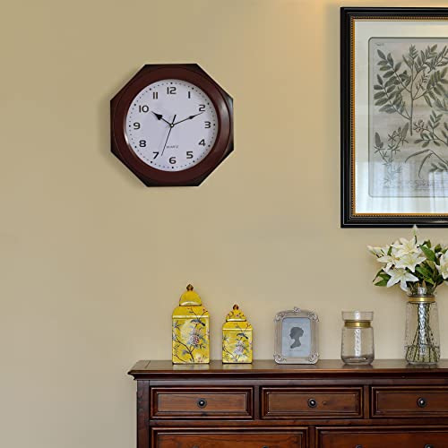 Quickway Imports Brown Modern Decorative Octagon Shaped Wood- Looking Plastic Wall Clock For Living Room, Kitchen, Or Dining Room #TOP1