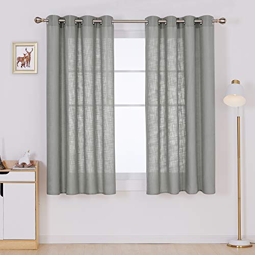 Deconovo Faux Linen Semi Sheer Curtains 45 Inch for Kitchen, Light Filtering Linen Texture Grommet Window Drapes, Soft Diffused Daylight, Grey, 52x45 Inch, Set of 2