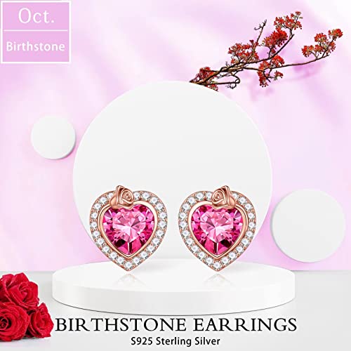 Iefil October Birthstone Earrings, Sterling Silver Heart Stud Earrings For Women Teen Girls Earrings Valentines Mothers Day Birthday Gifts For Women Her Pink Sapphire Earrings #TOP4