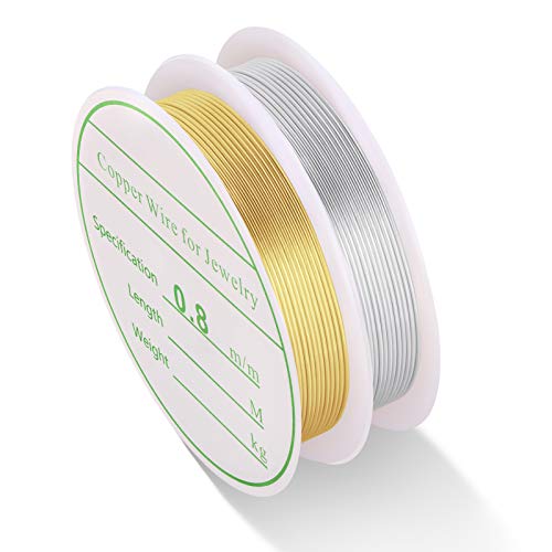 MIKIMIQI 2 Pack Jewelry Craft Wire - 20 Gauge Tarnish Resistant Copper Beading Wire for Jewelry Making 0.8mm X 3m Each (Gold Silver)