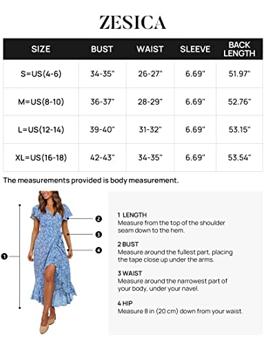 Zesica Women's Summer Bohemian Floral Printed Wrap V Neck Beach Party Flowy Ruffle Midi Dress,Blue,Medium #TOP5