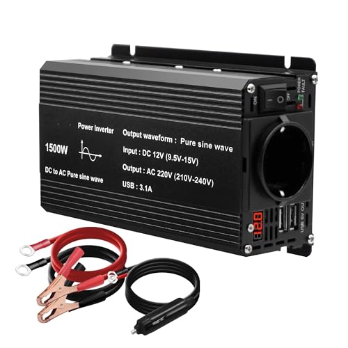 Convertidor Adaptador/inversor Corriente 1000W 1500W 2200W 2600W CC De 12V A Ca De 220V Con USB Dual 3.1A Onda Sinusoidal Pura Y UE Inversor Onda Pura Convertidor(1500W 50Hz EU)