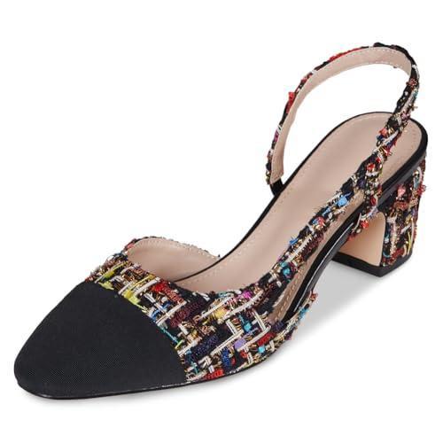 LinnOaks Slingback Heels for Women Round Closed Toe Pumps Two Tone Chunky Mid Heel Wedding Party Dress Shoes Ladies Fashion Patchwork Mary Jane Heels Multicolor Classic Comfy Tweed Heels Office Shoes