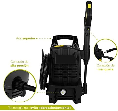 צַד view of the pressure washer showing the top handle, high-pressure hose connection, and water inlet connection.