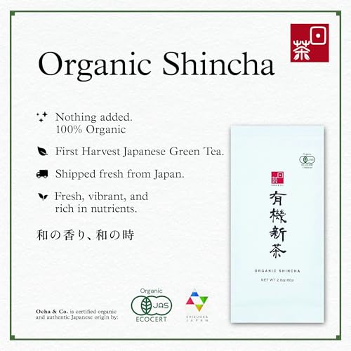 Image of Ocha & Co. Organic Green Tea - Shincha First Harvest Loose Leaf Japanese Tea - Aromatic, Grassy & Sweeter than Sencha Green Tea, 80g /2.8oz