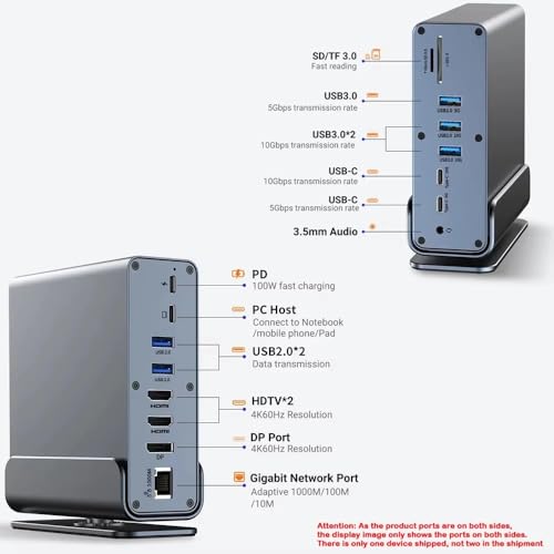 15-in-1 Docking Station, Triple Display 4K@60Hz, 100W PD Charging, USB-C Hub, Dual HDMI, DP Port, Gigabit Ethernet, Aluminium - Image 8