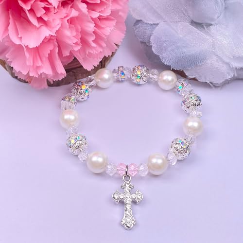 Image of Easter Gifts Baptism First Holy Communion Confirmation Christian Gifts, Cross Charm Bracelet, White