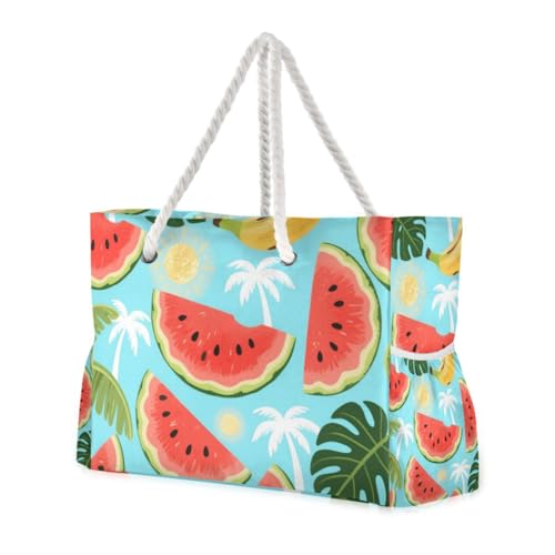 OTVEE Watermelon Tropical Leaves Pattern Beach Bags for Women Ladies Large Canvas Tote Shoulder Bag Waterproof Travel Bags for Gym Swim Pool Camping