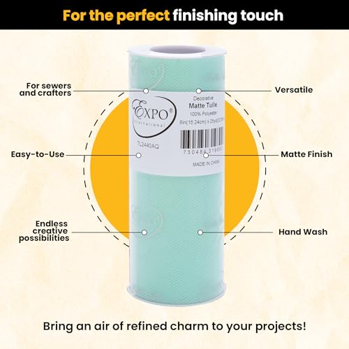 Image of Expo International Decorative Matte Tulle, Roll /Spool of 6 Inch x 25 Yards (Pack of 1), Polyester-Made Tulle Fabric, Matte Finish, Lightweight, Versatile, Washable, Easy-to-Use, Aqua Blue