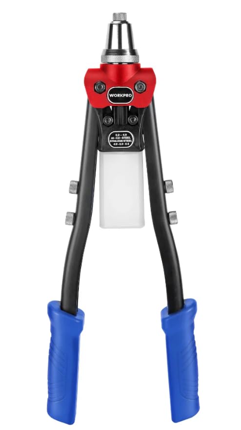 WORKPRO 400mm Hand Riveter Gun Heavy Duty Riveter with 5 Interchangeable Heads (5 Nose Pieces) and 100 Rivets, 5 in 1 Hand Riveter Set