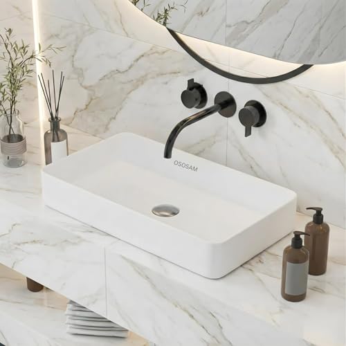 Image of OSOSAM Countertop Ceramic Wash Basin for Bathroom | Glossy White Rectangle Vessel Sink | Modern Table Top Vanity Basin for Home & Hotel | 24 x 14 x 5 Inch
