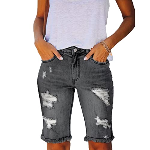 JEKE-DG Bermuda Jean Shorts for Women Stretchy Destroyed Raw Hem Shorts Jeans Casual Ripped Frayed Summer Short Jeans (XX-Large,Dark Grey)