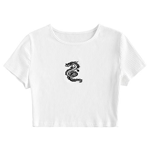 ZAFUL Women's Casual Short Sleeve Crop Top Embroidered Ribbed Basic T-Shirt Tee (Dragon, M)