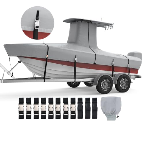 RVMasking 1200D Reinforced T-Top Boat Cover with Motor Cover, Heavy Duty Waterproof Tear-Resistant Boat Cover for Center Console Boat with T TOP Roof, 20'-22' Long Beam Width up to 106