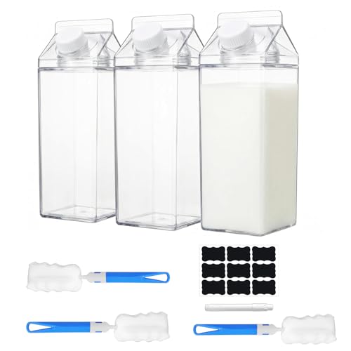 ENIPEDITA 3 Pcs 64 Oz Large Clear Milk Carton Container with Brushes Labels and Pen Square Plastic Milk Water Bottle for Outdoor Camping or Climbing Tour