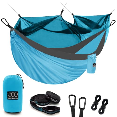Gold Armour Camping Double Hammock with Mosquito Net Bug Net Set - Double Parachute Hammock USA Based Brand Lightweight Adults Kids, Camping Accessories Gear