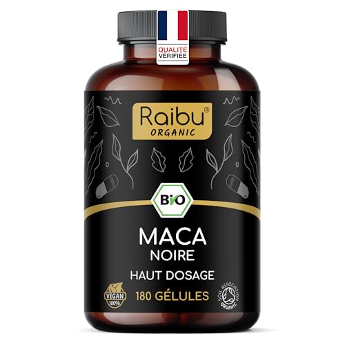 Maca Noire BIO du Pérou - Haute concentration 12 800 mg Maca Noire du Pérou par Jour (équivalent à 3 200 mg) - Régulateur Hormonal, Détente, Énergie - 180 Gélules - Avec vitamine C - sans OGM
