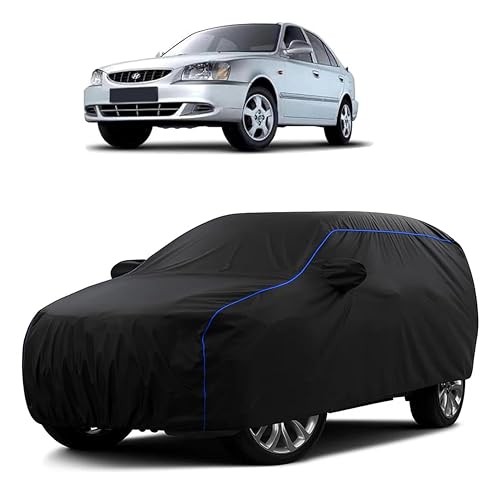 Image of Sulfar 100% Water Resistant Car Body Cover Compatible with Mirror for Hyundai Accent Viva (Triple Stitched, Full Bottom Elastic, Black Tafetta with Blue Piping)