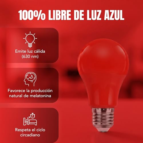 Miniatura 3 de Luz Roja Nocturna Melatonina Bombilla Led Roja E27 Para Dormir 0 Luz Azul Y Sin Parpadeo Anti-Flicker 1800 Lúmenes Mejora Del Ritmo De Descanso E Ideal Para Leer 7w 630nm 25.000 Horas
