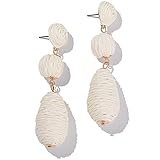 Boho Raffia Earrings Statement Dangle Earrings Cute Teardrop Ball Earrings Colorful Summer Jewelry Handmade Rattan Earrings for Women(White)