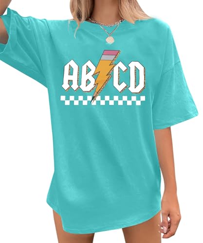 MAXIMGR Teacher Shirts Women Funny Rock'n Roll Shirt Life ABCD Pencil Graphic Short Sleeve Tee Top, Light Green, XXL