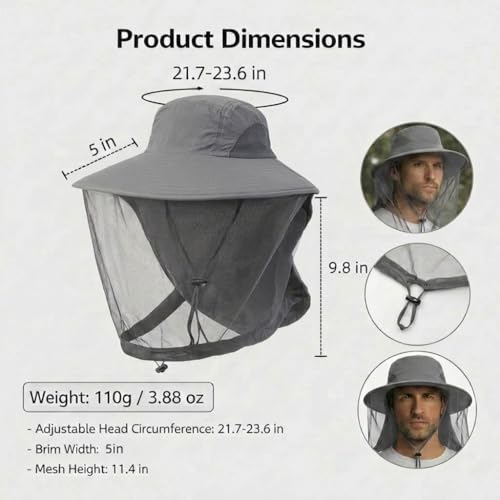 Image of Mosquito Hat with Netting, Mosquito Hats Lightweight Outdoor Fishing Hiking Camping Bug Net for Men & Women, Grey