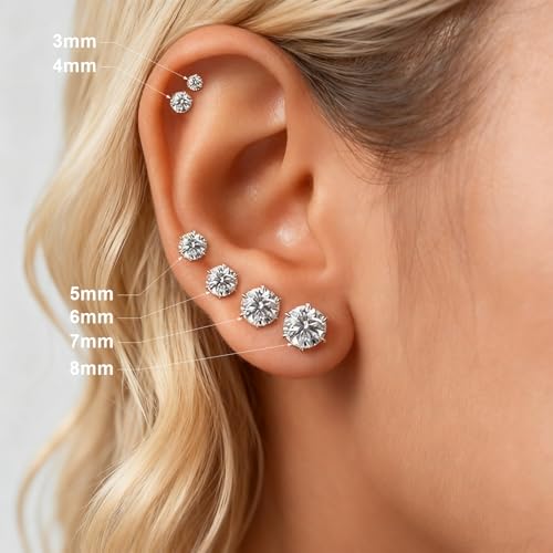 6 Pairs Stainless Steel Stud Earrings Set, 3-8mm Silver 316L Hypoallergenic Cubic Zirconia CZ Earring Jewelry Gift for Women Men