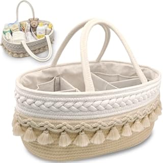 MillyBeas Baby Nappy Caddy Organiser, Large Cotton Rope Bohemian Basket for Diaper Storage with Changeable Dividers, Newborn Portable Nursery Bin, Baby boho Hamper for Mums