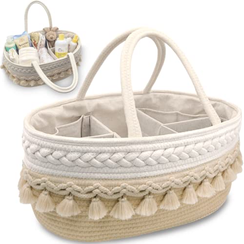 MillyBeas Organizador Pañales Bebé, Cesta Bebe Grande de Cuerda de Algodón para Pañales y Cosas de Bebe con Borlas Decorativas - Regalo Ideal para Mamas de Bebés Recién Nacidos