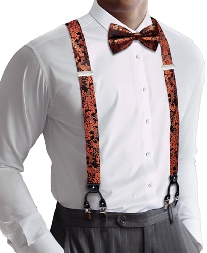 Image of YOHOWA Men Suspenders 6 Clips Strength Adjustable Y Braces Pre-Tied Bow Tie Set Formal Wedding Party