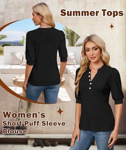Summer Tops for Women 2025 Trendy Dressy Casual Blouse Puff Short Sleeve Shirts Knit Henley V Neck T Shirt Tunic2