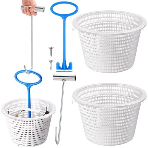 Sunnychicc 2 Pcs White 8" Skimmer Basket Spx1070e & Skimmer Handle & Silver Stainless Steel Hook, Universal Pool with Handle Basket for Pool Debris Removal, Keep Hands Clean