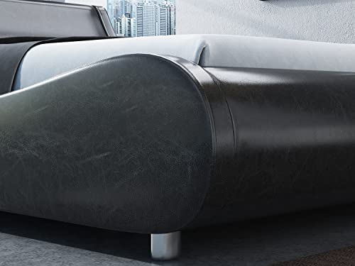 Sha Cerlin Modern Low Profile Platform Bed Frame King Size, Stylish Faux Leather Upholstered Sleigh Bed With Ergonomics Headboard, No Box Spring Needed, Glossy Black #TOP2