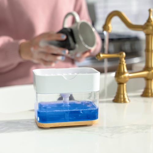 Image of S&T INC. Dish Soap Dispenser and Sponge Holder, Plastic Bamboo and White