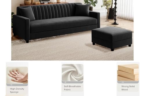 Image of Modern 3-Seater Wooden Sofa Set with Ottoman, Soft Velvet Upholstery, Comfortable Couch for Living Room, Office & Apartment - Black Color