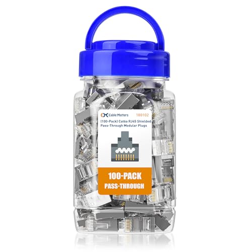 Cable Matters 100-Pack Cat 6A Shielded Pass Through RJ45 Connectors, 50µ Gold Plated, Max. Wire OD 1.19mm (Cat6A Ends/Shielded RJ45 Connector/Ethernet Ends) for Solid or Stranded S/FTP Cable