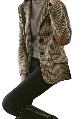 Women's Fashion Notched Lapel Wool Plaid Blazer Slim Long Sleeve Jacket with Elbow Patch3