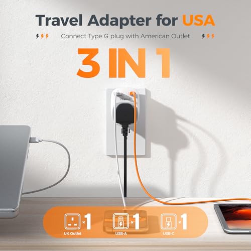 Image of TESSAN UK to US Plug Adapter, UK Plug Adapter with AC Outlet 2 USB Ports, Type G Power Outlet Adaptor Ireland Singapore Hongkong to Type B USA Travel Adaptor